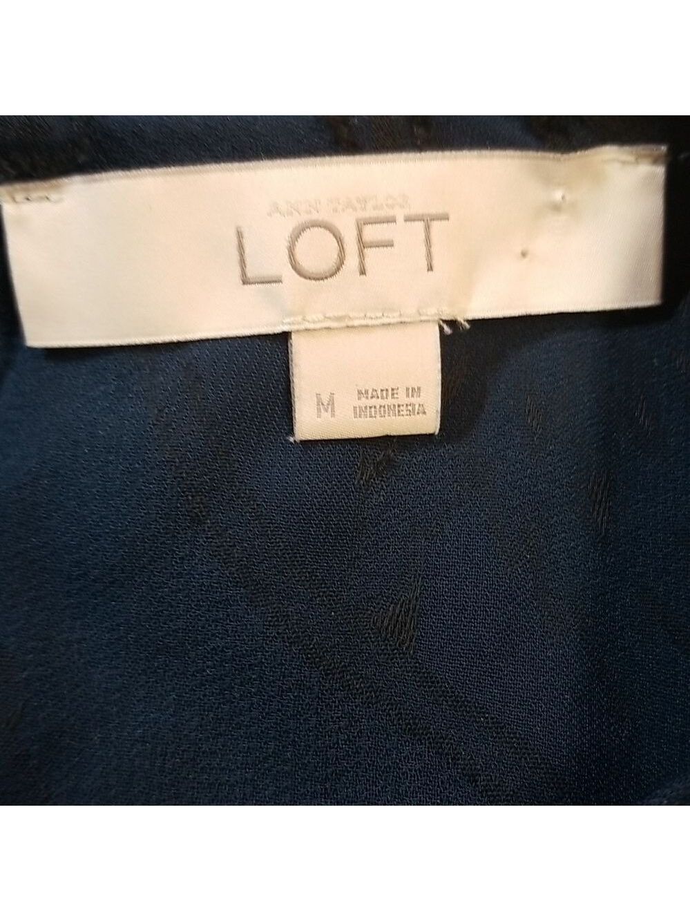 Loft Blouse Blue With Black Velvet Textured Burnout Pattern Top Size Medium - Picture 6 of 8